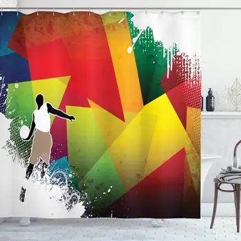 

Basketball Shower Curtain, Basketball Jump Background with Geometrical Shapes Paint Splashes Modern Art, Cloth Fabric Bathroom