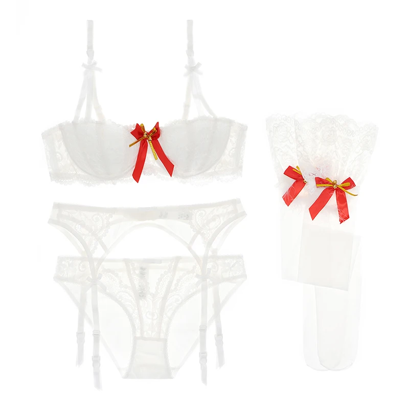 Белый Varsbaby sexy christmas style half cup underwear push up bra set 4 pcs bras+panties+garters+stockings - Цвет: Белый