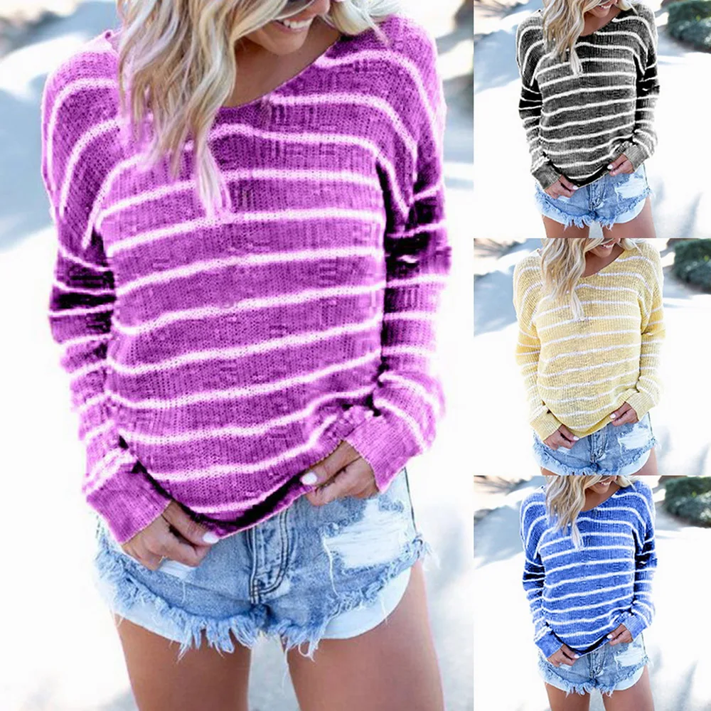 

LOOZYKIT 2019 New Style Women O-Neck Backless Sweater Casual Striped Knitted Pullovers Femme Sexy Back Cross Loose Streetwear