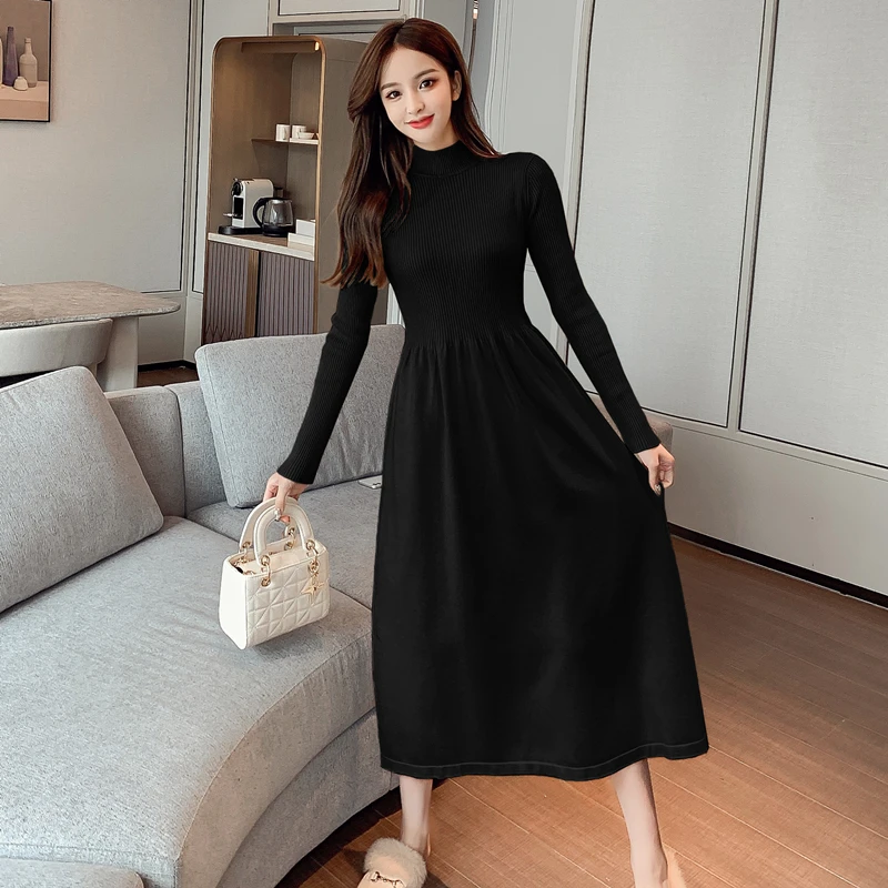 Autumn Winter New All-Match Casual Over-The-Knee Knitted Solid Color Round Neck Bottoming Elastic Black Dress Women
