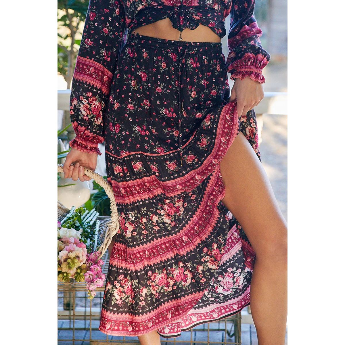 

Jastie Boho Floral A-line Women Midi Skirt Elastic High Waist Sashes Vintage Womens Skirts 2020 Summer Fashion Clothes Female