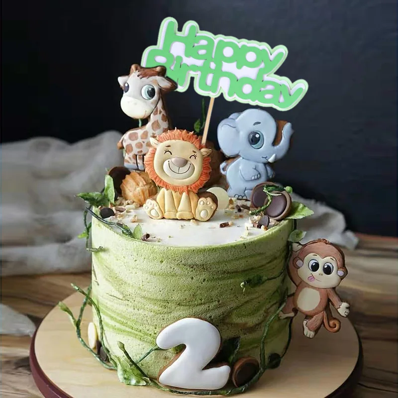 Лесом и джунглями в Животные Жираф со львом и обезьяной тема торт фигурки жениха и невесты; для вечеринки в стиле сафари поставки украшение для торта «С Днем Рождения» Дети сувениры