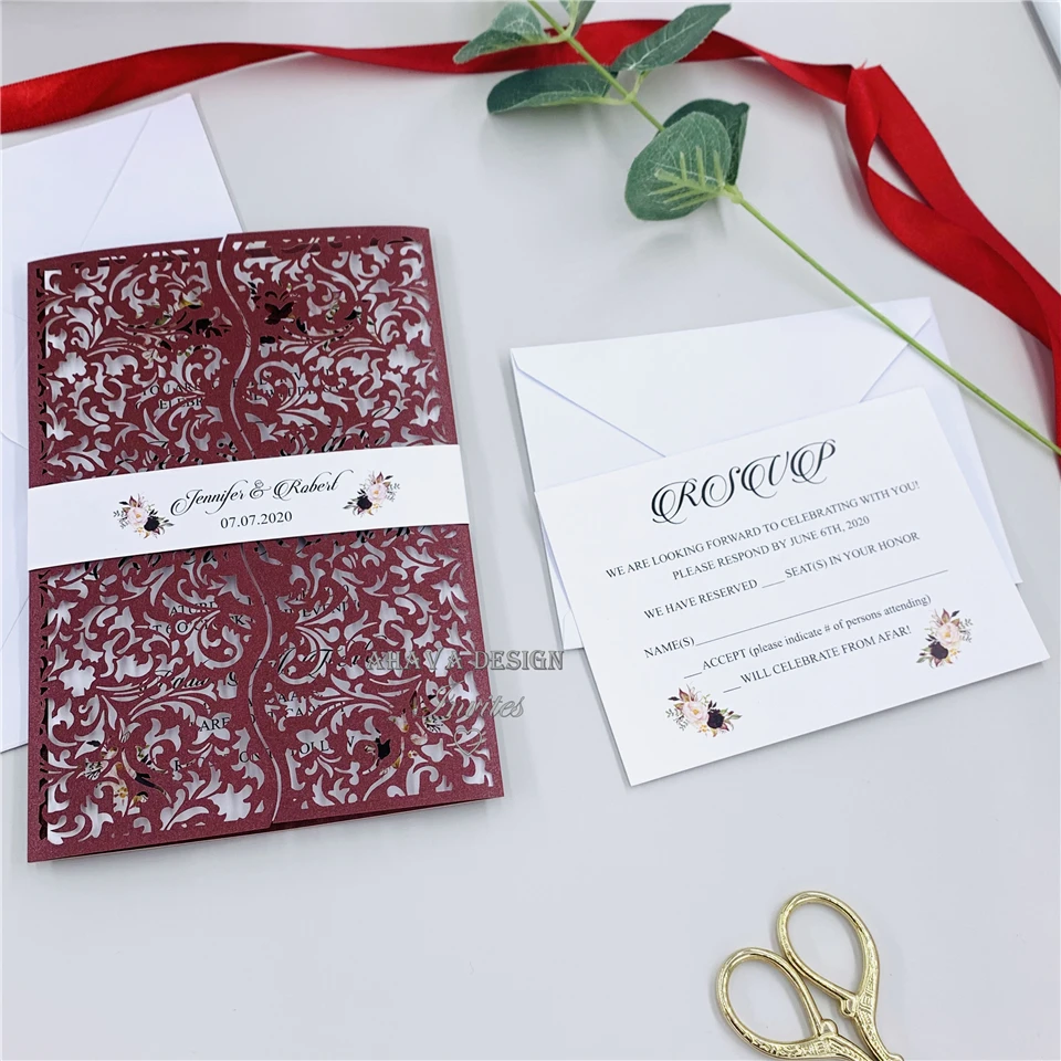 Burgundy Laser Cut Wedding Invitation With Personalized Belly Band, Fancy invitation For Wedding, 15th Birthday, Sweet16