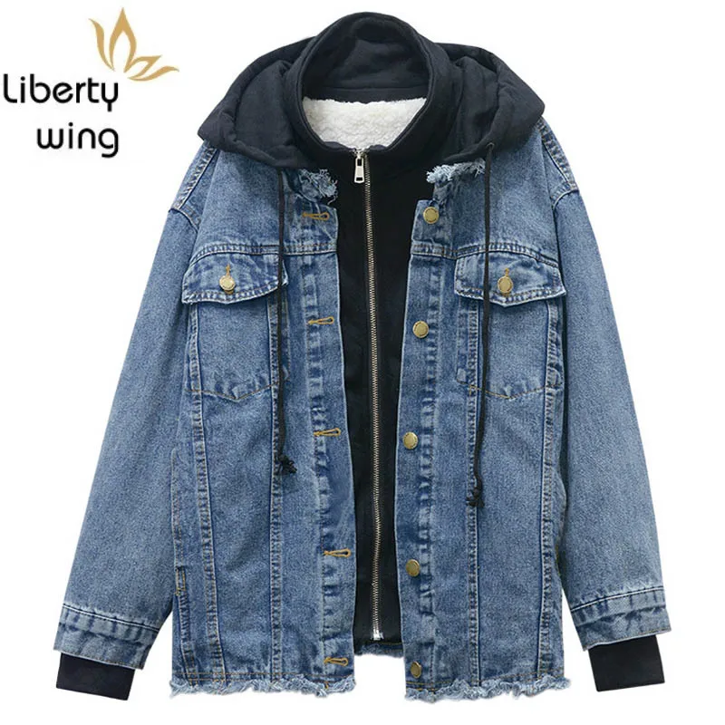 

Spring Faux 2 Piece Women Log Sleeve Loose Fit Denim Boyfriend Style Hoodie Fashion Casual Female Jacket Coats Streetwear