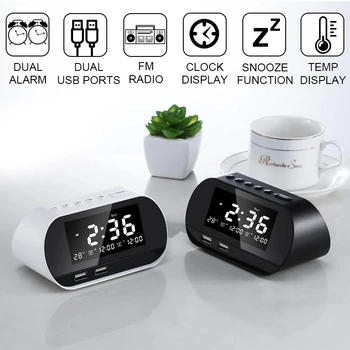 

LED Digital Alarm Clock Radio With FM Radio Large LCD Calendar Temperature Display Snooze Clock With Dual Usb Port For Charger