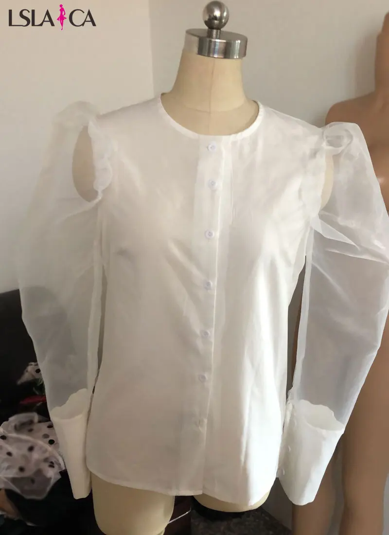 Женская блузка с буфами на рукавах однотонная органза с длинным рукавом Сексуальная офисная рубашка темперамент элегантный джемпер осень