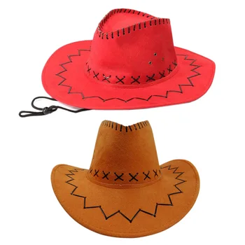 

2 Pcs Retro Unisex Denim Wild West Cowboy Cowgirl Rodeo Fancy Dress Accessory Hats , Red & Orange