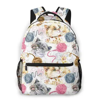 

Cute Kitten Playing Wool Threads Ball Watercolor Domestic Cat Casual Daypack Travel School Bag with Pockets for Women College