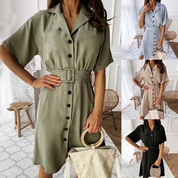 

Short Sleeve Loose T-shirt Dress Lapel Neck Button Down Womens Casual Butterfly Sleeve Summer Polyester Turn-down Collar Piece