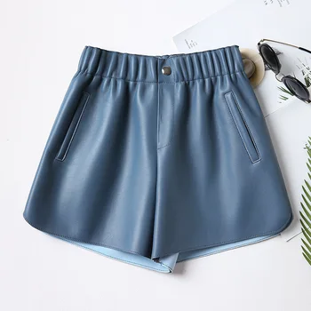 

Shorts Women 2020 Spring Autumn High Waist Shorts Pockets Solid Genuine Leather Casual High Street Shorts Female pantalones