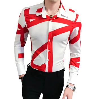 

Contrast Color Mens Shirts Luxury Stripe Printed Long Sleeve Spring Autumn Male Dress Shirts Korean Slim Fit Fashion Shirts