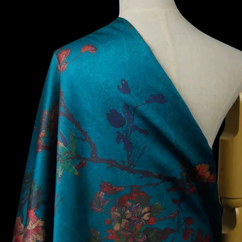 

108CM Wide 16MM Ink Floral Print Blue Silk Spandex White Stretch Silk Satin Fabric for Dress Cheongsam Shirt Jacket F017