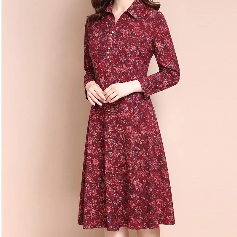 

2019 Autumn Dress-Long Sleeve Floral Mid-length Autumn WOMEN'S Dress Wool Skirt High-End Fashion Floral Dress