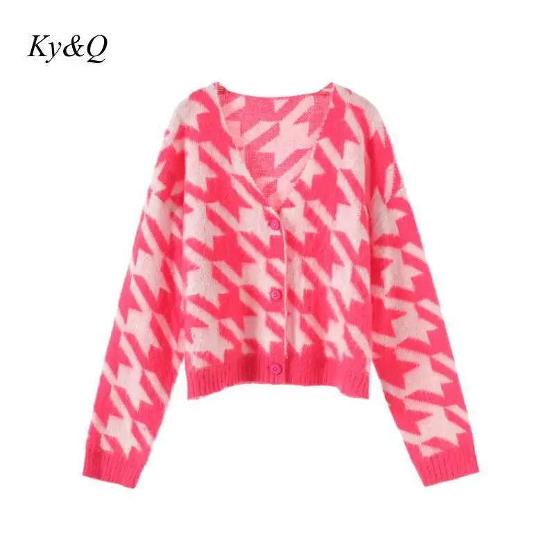 Brand Design Winter Women Pink Houndstooth Knitted Cardigan V neck