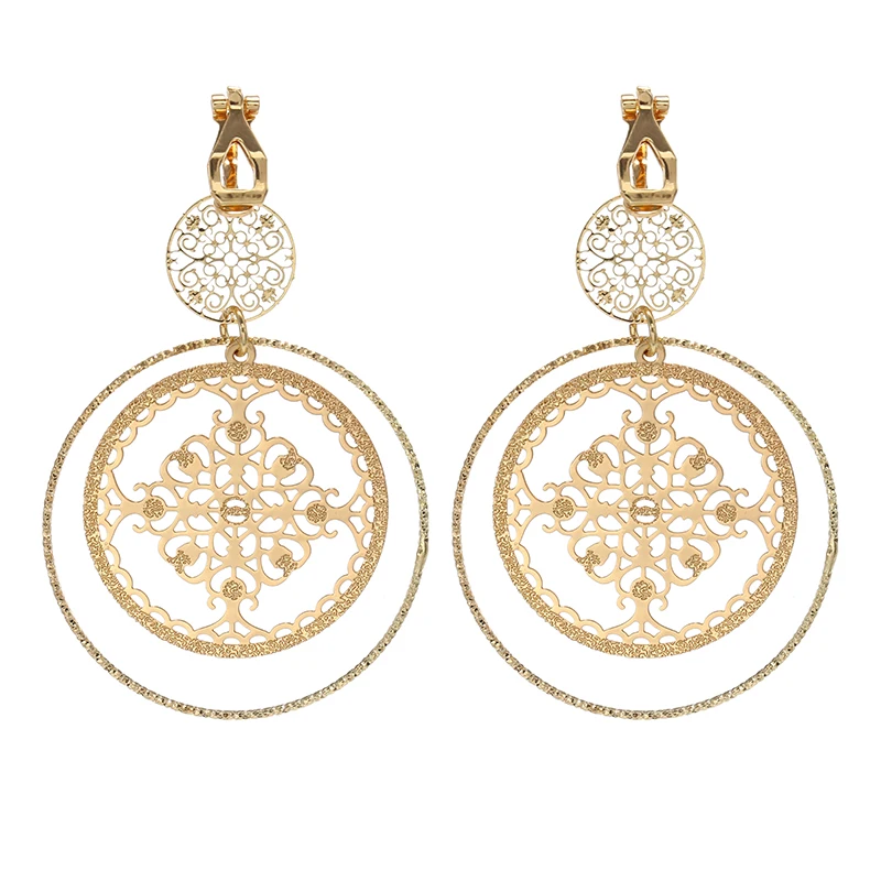 Hollowed Dsic Textured Round Clip on Earrings No Piercing Big Circle Hoop Ear Clips For Women Girl Party Gift Jewelry ear clip earrings clip earrings ear clip hoop earrings ear accessories