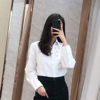 

Early Autumn Women White Cotton Blouse Long Sleeve Turn Down Collar Perforated Tie Shirt