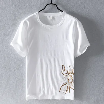 

Chinese Style Animal Embroidery Short Sleeve T-Shirt Men's Casual White Linen Splice Tops Fashion Summer T shirt Y2799