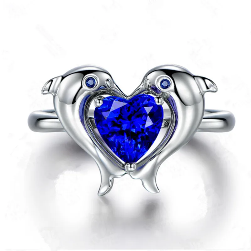 Cute Blue Crystal Heart Dolphin Rings Women's Fashion Creative Jewelry Accessories Engagement Birthday Gift For Girlfriend | Украшения