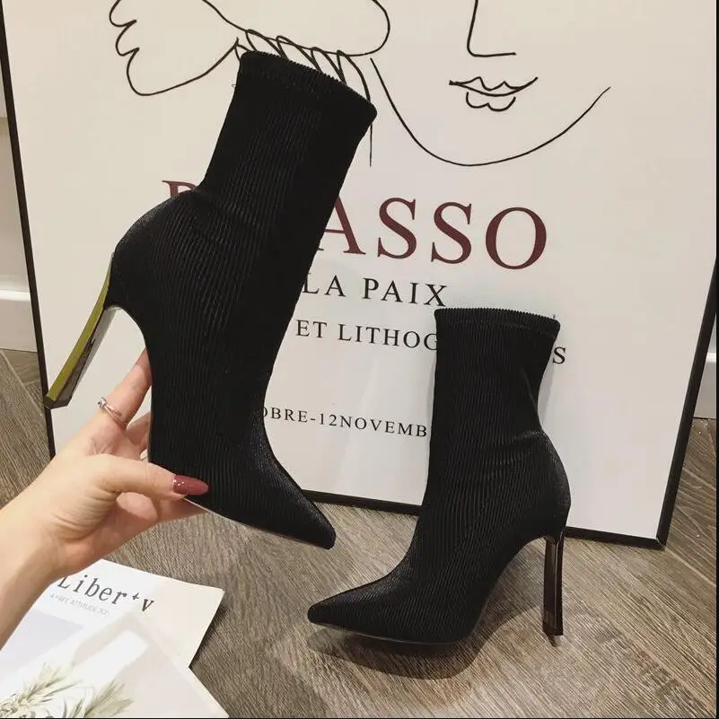 Botines de tacón alto para mujer, botas cortas con dedos puntiagudos, zapatos ajustados de Otoño/Invierno, color y negro|Botas hasta el tobillo| - AliExpress