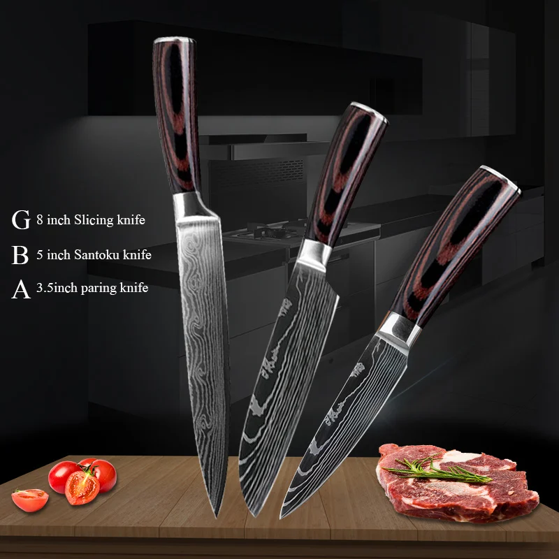 3PCS value set 2 Набор кухонных ножей, профессиональные японские поварские ножи 7CR17 из высокоуглеродистой нержавеющей стали, нож для овощей и мяса Santoku - Цвет: 3PCS value set 2