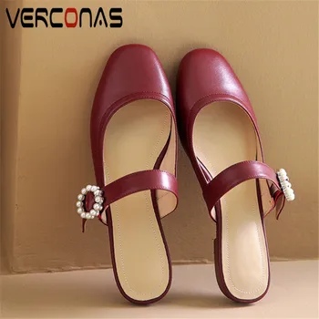 

VERCONAS Fashion Mules Woman Sandals Woman Flats Brand Design Genuine Leather Pearl Decoration Shallow Round Toe Shoes Woman