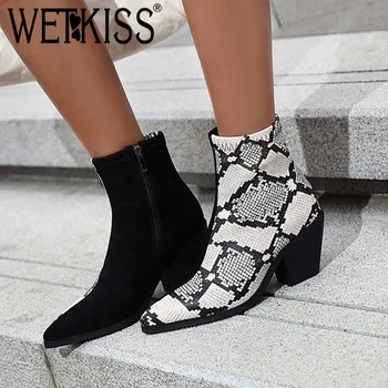 

WETKISS Snake Skin Boots Women Western Ankle Boot Female High Heels Shoes Ladies Pointed Toe Stitching Shoes Winter Big Size 46