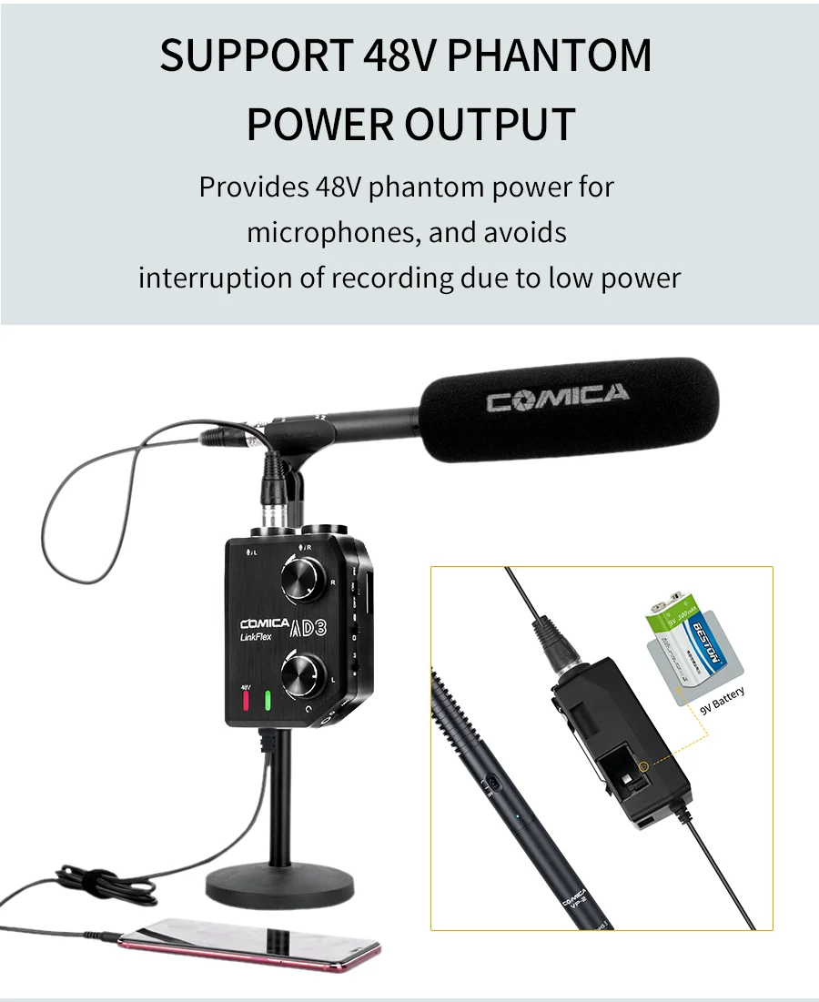COMICA AD3 XLR/3,5 мм/6,35 мм микрофон аудио предусилитель миксер/адаптер/гитара интерфейс для DSLR Cannon Nikon камера iPhone Android
