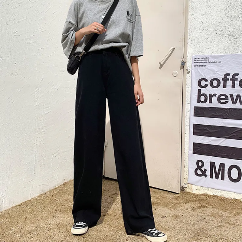 black pants Neploe корейские женские Ретро широкие брюки прямые белые черные розовые брюки джинсы с высокой талией модные уличные джинсовые брюки - Цвет: black pants