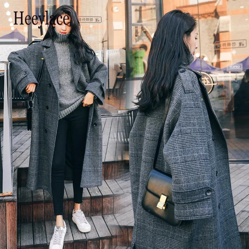 

Women Elegant Winter Jacket wool Plaid Vintage Oversize Overcoat Long Bandage Woolen Coat Cardigan Plus Size Manteau Femme Hiver