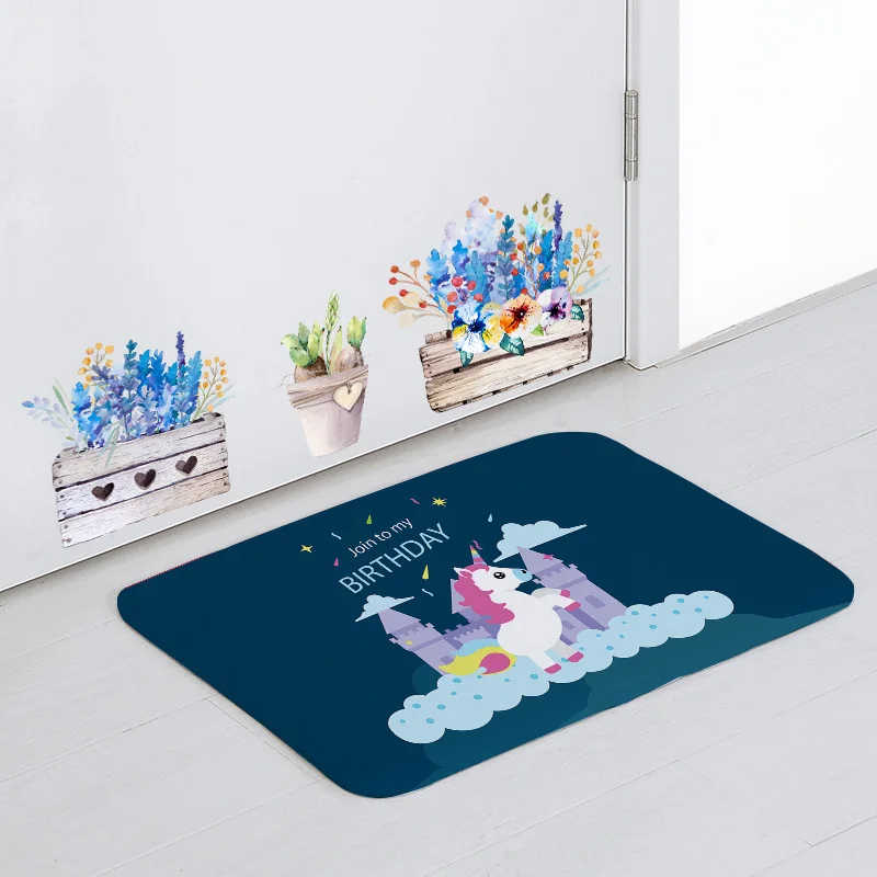 Fun Cute Floor Mat Plaid Rainbow Ribbons Clouds Castle Forest Kitchen Mat Bedroom Decoration Large Non-Slip Coral Fleece Carpet