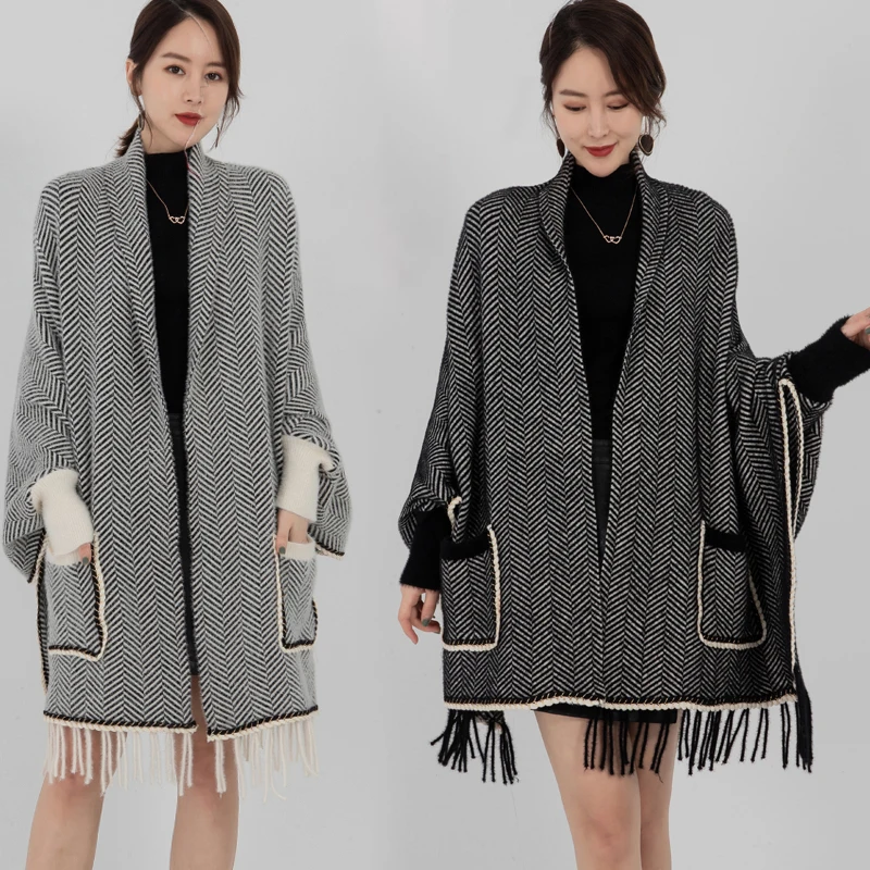 

Hot Sale Imitation Mink Velvet Stripes Women's Knit Cloak Shawl with Bat Sleeves 2021 Autumn Winter Pocket Tassel Loose Poncho