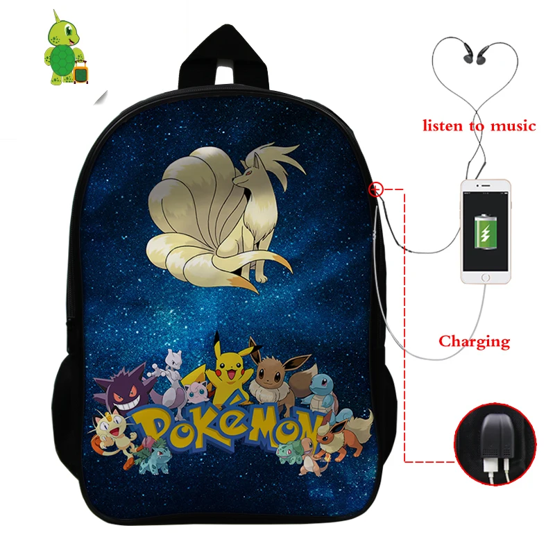 28 Рюкзак для ноутбука Pokemon Pikachu Gengar Eevee с зарядкой через USB, школьные сумки для мальчиков и девочек-подростков, рюкзак с рисунком, дорожные сумки на плечо - Цвет: 28