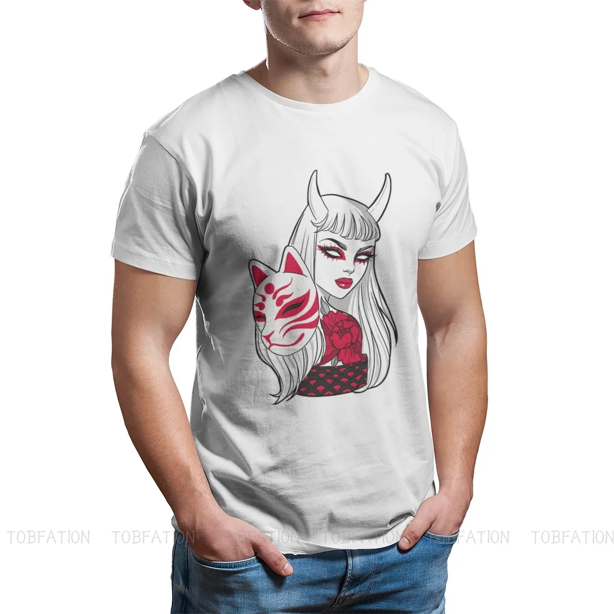 

New Summer Kitsune and Oni Girl Cotton Japanese Youkai Supernatural Monsters Oni Tengu Fashion Casual Tops T-shirt