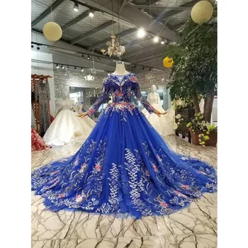 

BGW 22624ht Blue Evening Dresses With Long Train O-neck Long Sleeves Color Flowers Party Dress Long Ball Gown Ladies Dress 2020