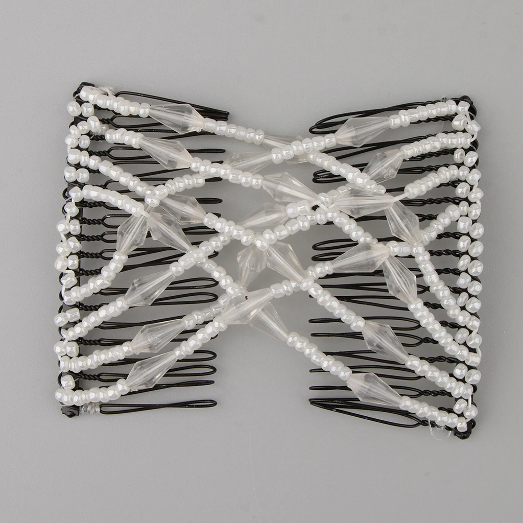 Elegant Women Bow Double Hair Comb Elastic Magic Acrylic Beads Clip Hairstyle Accessory