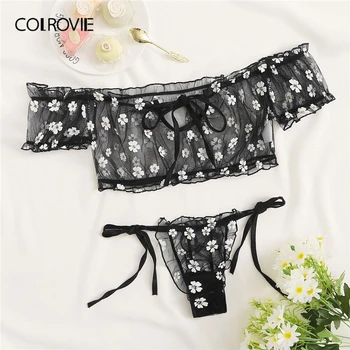 

COLROVIE Black Floral Print Bardot Mesh Lingerie Set Women 2020 Summer Nightwear Transparent Tops and Thongs Sexy Sets