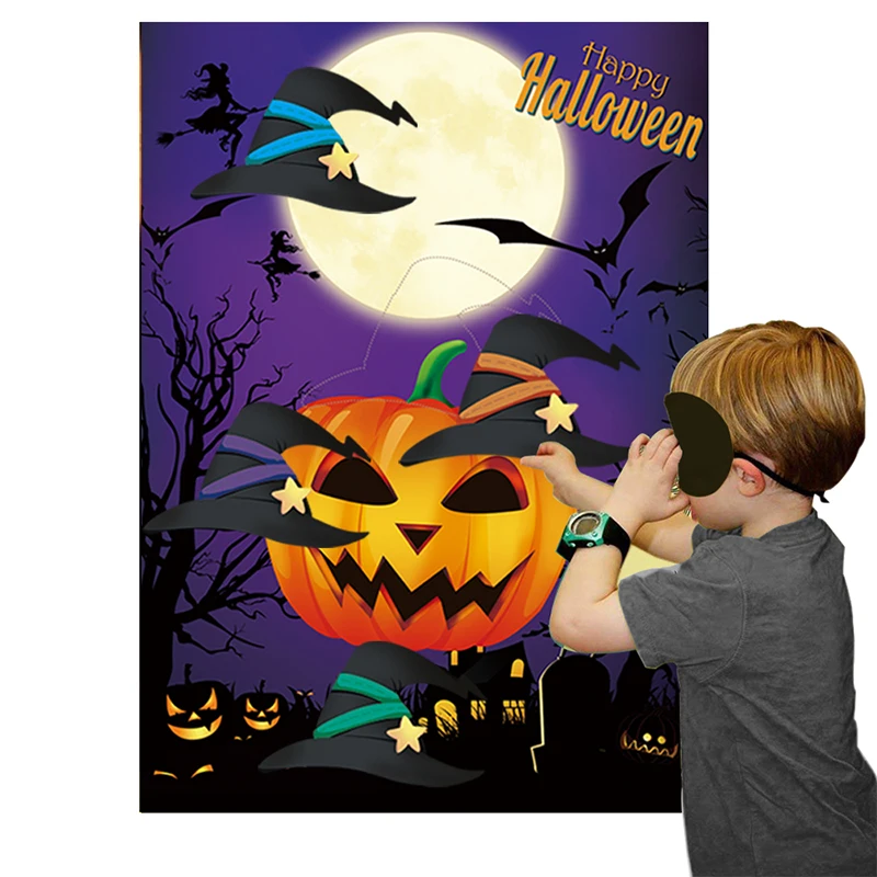 

Fowecelt 2020 Halloween Decoration DIY Stickers Pin The Witches Hat On The Pumpkin Poster Trick or Treat Activity Party Supplies