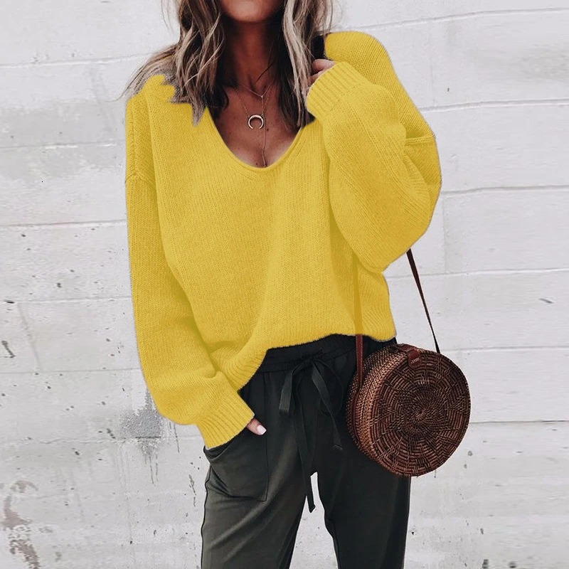 Online Suéteres de punto para Mujer 2019 invierno otoño Casual cuello en V suéter de manga larga negro gris amarillo Jumper Mujer