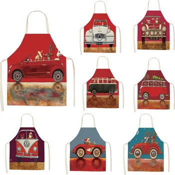 

1pcs Christmas Apron Santa Claus Elk Drive a Car Pinafore Cotton Linen Children Aprons Adult Bibs Home Kitchen Cooking Baking