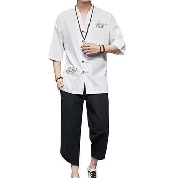 

Tracksuits Mens Set 2020 Summer Linen Sets Men Shorts Set Short Sleeve Shirt +Cropped Pants Vintage Suit Chinese 2pcs Set Men