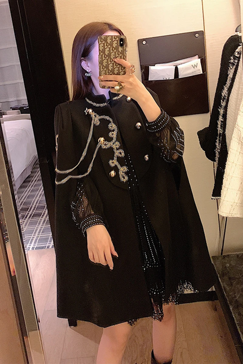 Черная шаль, плащ, элегантная женская шерстяная верхняя одежда, новинка, Осень-зима, средняя длина, стоячий воротник, кисточка, цепочка, Женское шерстяное пальто, накидка