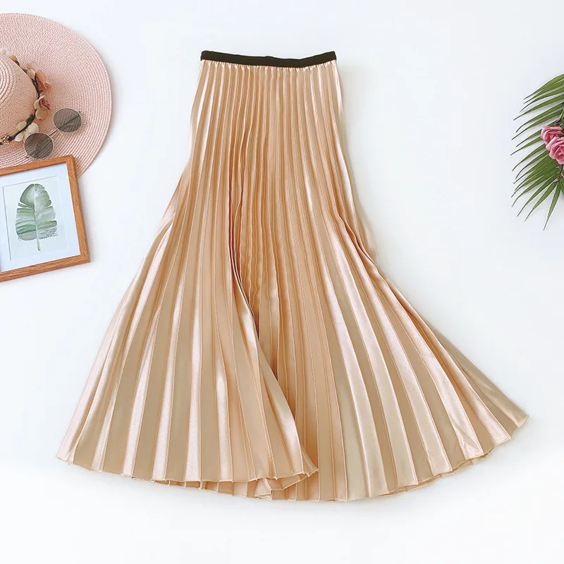 Осенняя мода, плиссированные юбки, Женская сатиновая юбка макси с высокой талией, однотонная винтажная длинная юбка, Saia Faldas Mujer Moda