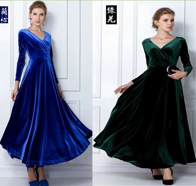 

2019 WOMEN'S Long-sleeved Dress Gold Velvet Long Dress V-neck Dress Fashion