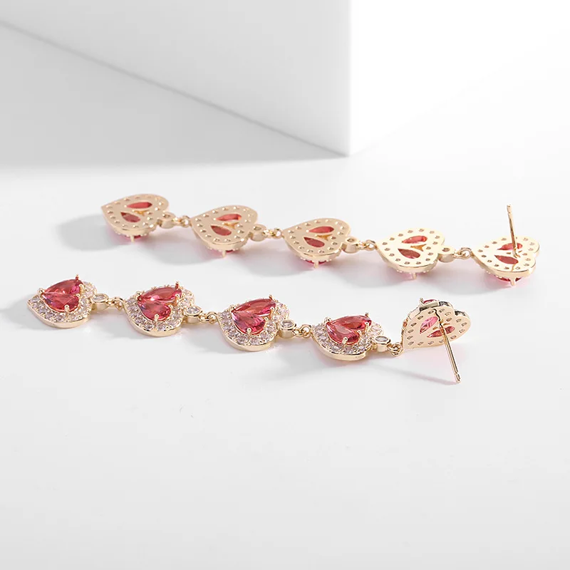 Long Temperament Heart Pendant Earrings for Women Colorful Cubic Zirconia Luxury Wedding Party Dangle Earings Design Jewelry