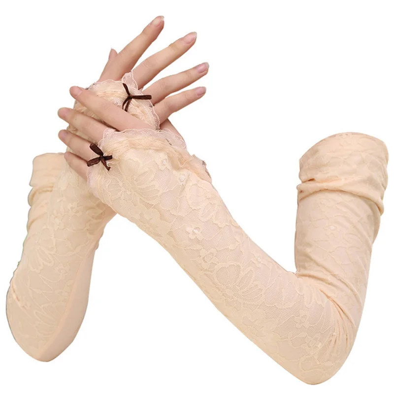 

Women Ice Silk Modal Lace Flowers Driving Mitten Long Arm Warmers UV Sunscreen Fingerless Sport Cycling Sun Sleeve Glove I74