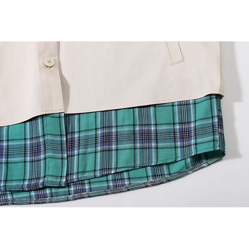 Fake Two Woman Autumn Black Khaki Plaid Patchwork