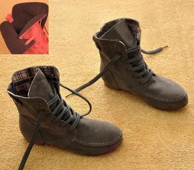 Zapatos mujer Tobillo Plano Nieve Moto Botas Mujer Gamuza Cuero Encaje-up Botas De Invierno Botas Mujer Nieve Botas - Цвет: gray Plus velvet