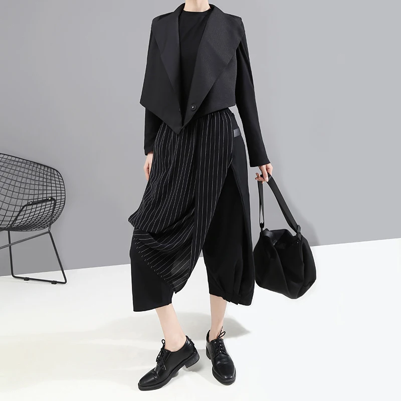 [EAM] High Elastic Waist Striped Black Asymmetric Trousers New Loose Fit Pants Women Fashion Tide Spring Autumn 1A933