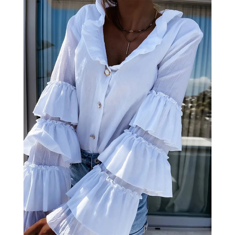 Women Tops Chiffon V-neck Solid Color Lotus Leaf Sleeves Single-Breasted Sleeve Frill Hem Slim Fashion Top Summer | Женская одежда