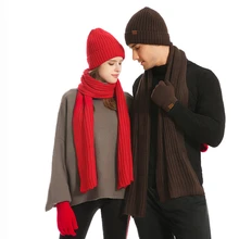 Комплект из 3 предметов: зимняя шапочка-шарф и перчатки для сенсорного экрана, набор для мужчин и женщин, вязаная шапка, теплые варежки